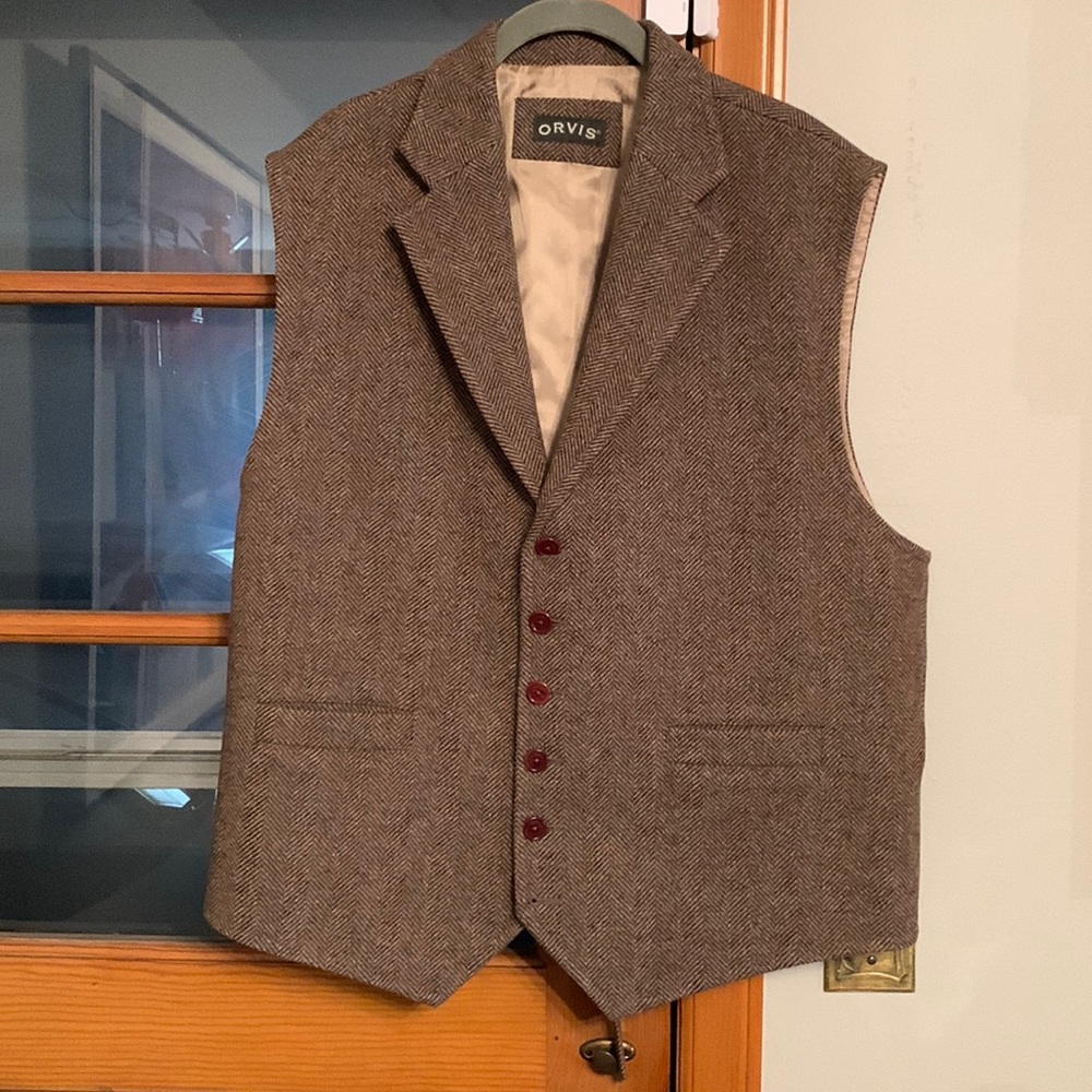 Orvis Mens Wool brown button up tweed vest XL